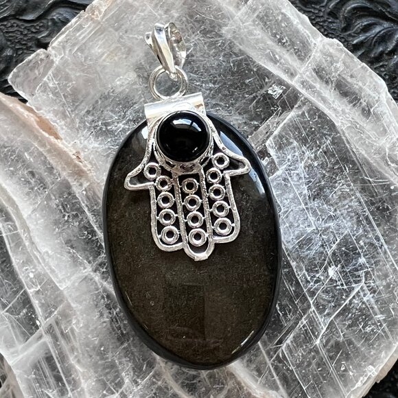 Gold Sheen Obsidian Black Onyx Hamsa Hand Crystal Pendant - Picture 1 of 7